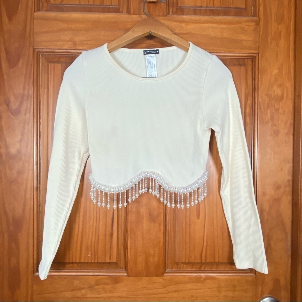 ZARA Pearl Embellished Ribbed Seamless Crop Top - Picture 3 of 8